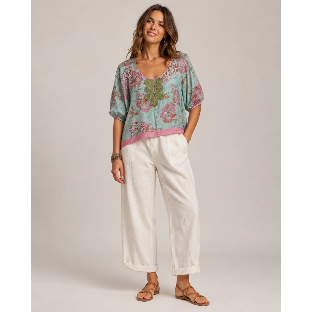Sweet Sinammon Top Blouse Womens Small Blue Purple Silk Bohoemian Hippie